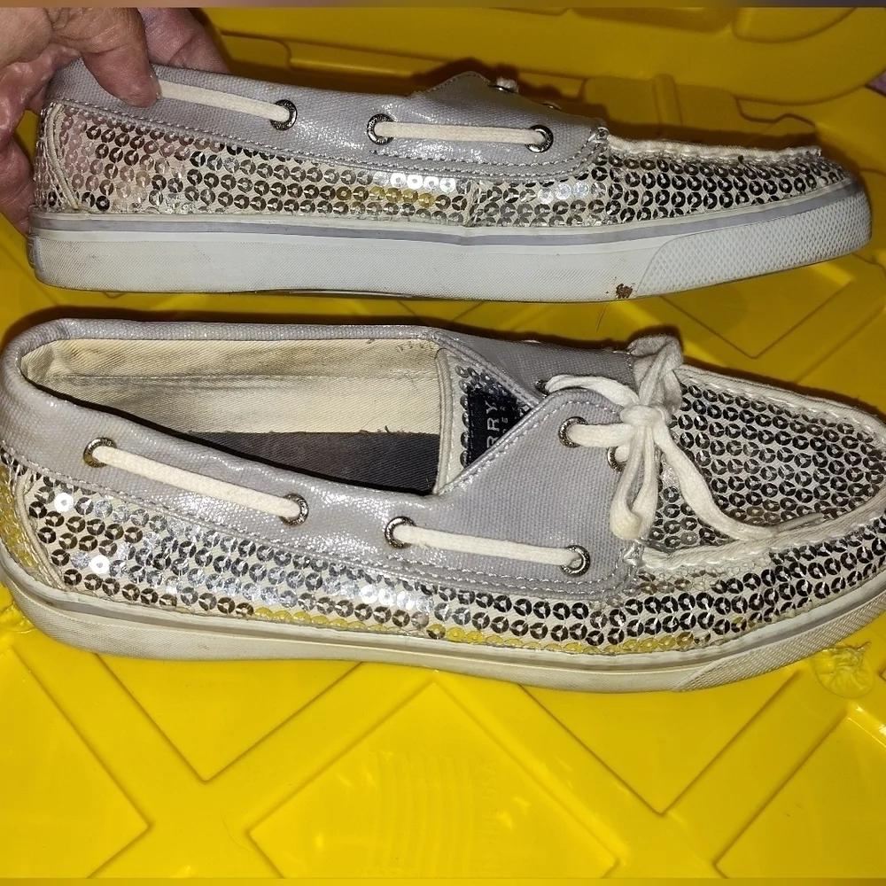 Reel legends Top-Sider Women's Boat Shoes Silver Fabric Lace Up Sequins 10M